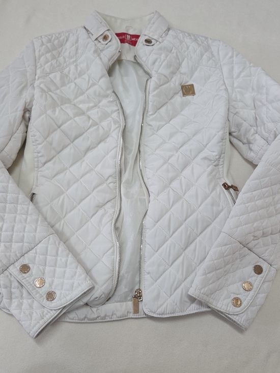 Polo Wear Jackets & Blazers - White Quilted Bomber Jacket with Gold-Tone Details